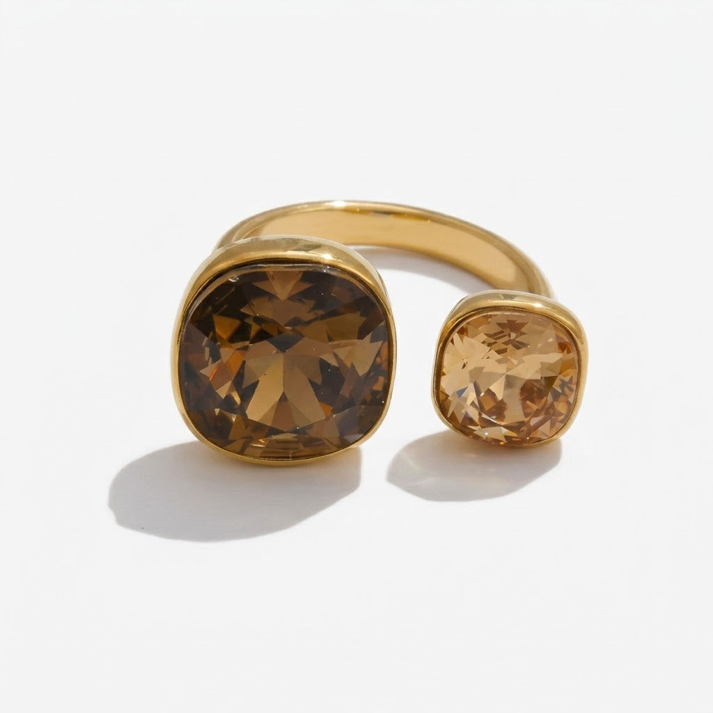 Nati, bague ouverte zircons marron en acier inoxydable