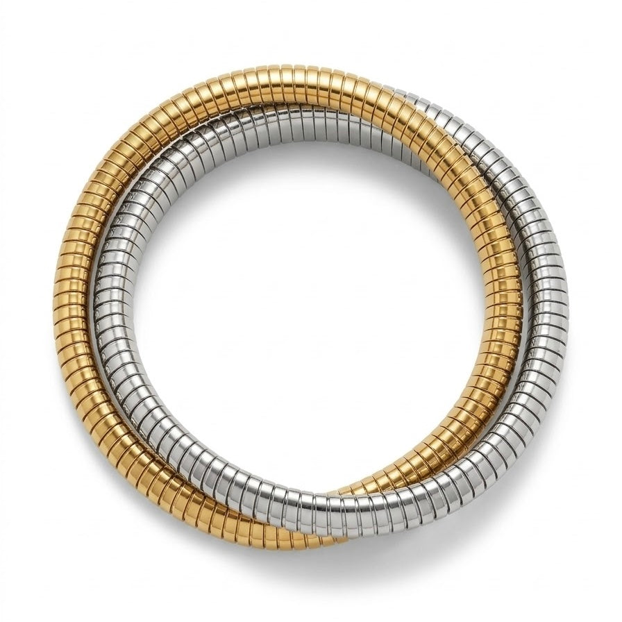Yanki, bracelet double bicolore plaqué or et argenté, porté – Fïve Paris